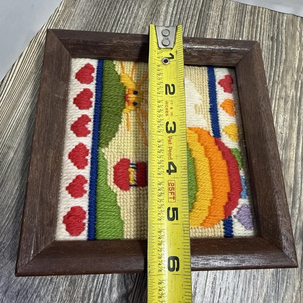 Framed Vtg Completed Needlepoint Hot Air Balloon Colorful Sun 6.5